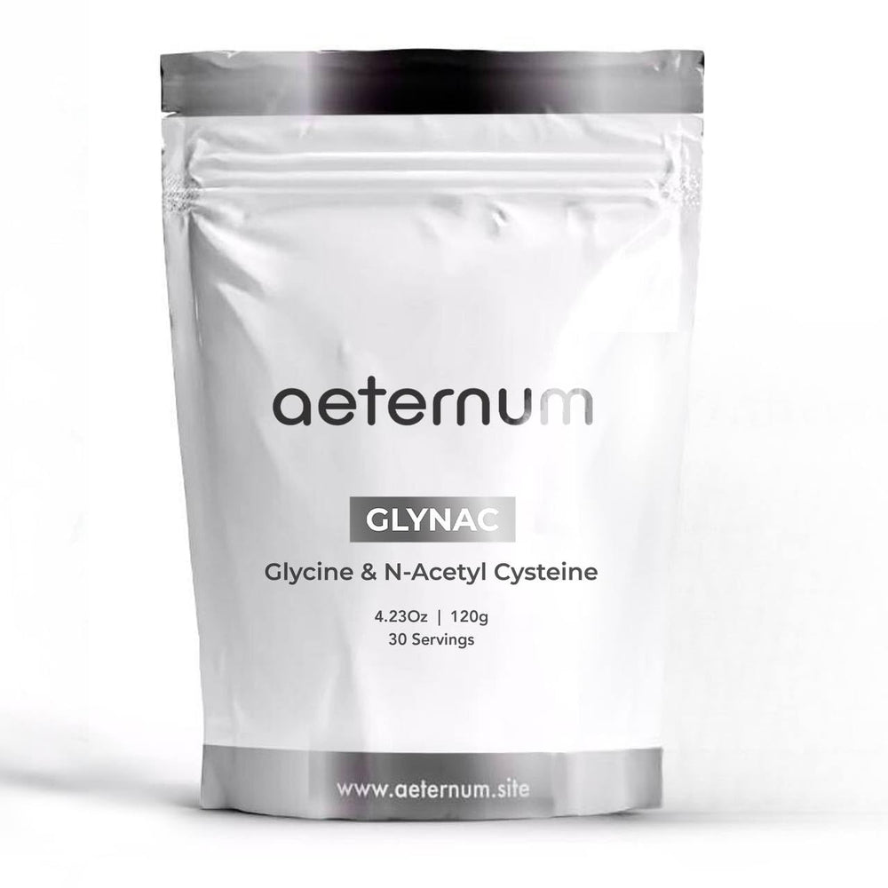 Aeternum GlyNAC powder tub front shows premium purity and branding