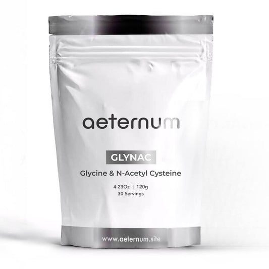 Aeternum GlyNAC powder tub front shows premium purity and branding