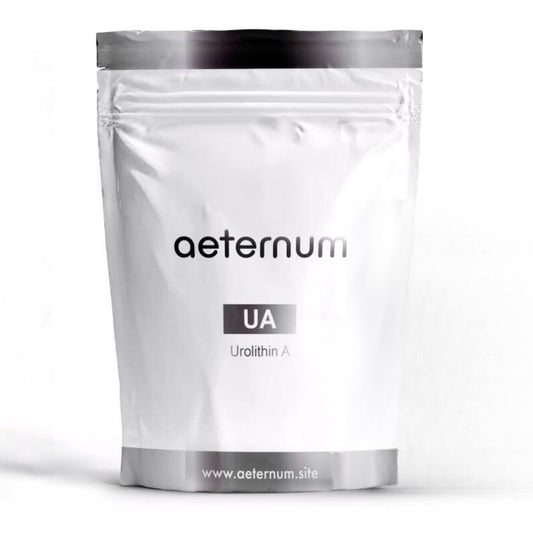 Aeternum UA Urolithin A powder in a 100g jar for clean daily use.