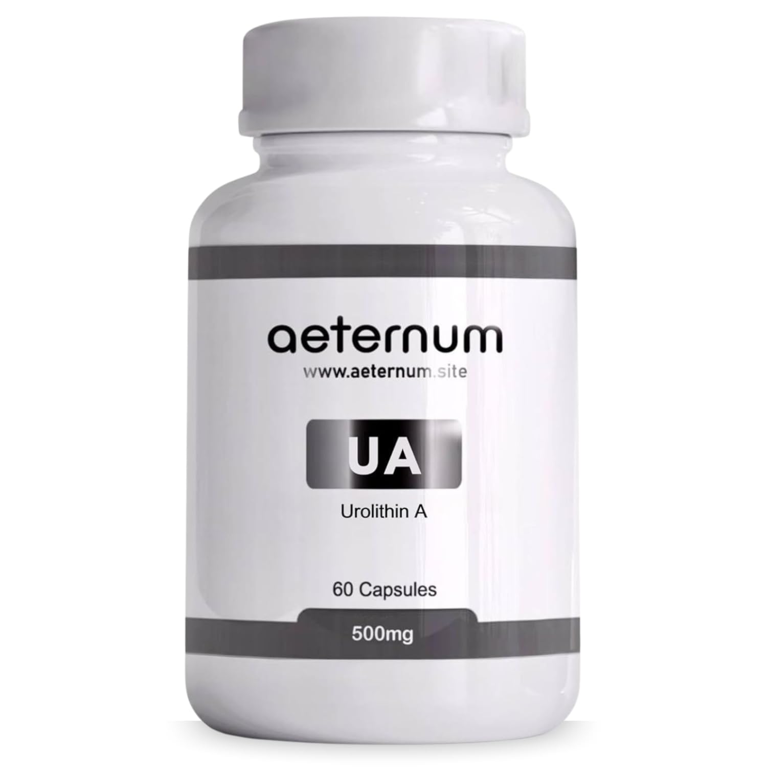 Aeternum Urolithin A bottle pour promotes easy daily capsule intake.