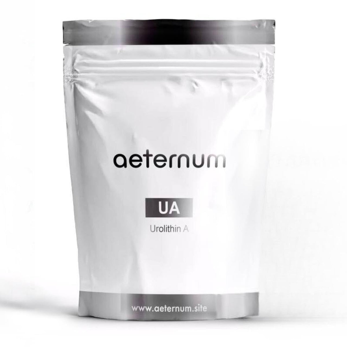 Aeternum Urolithin A powder shown in its compact 30 g packaging for easy storage.