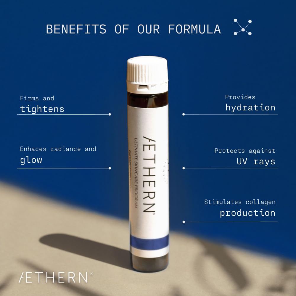 AETHERN label close-up highlights collagen and hyaluronic acid for skin vitality