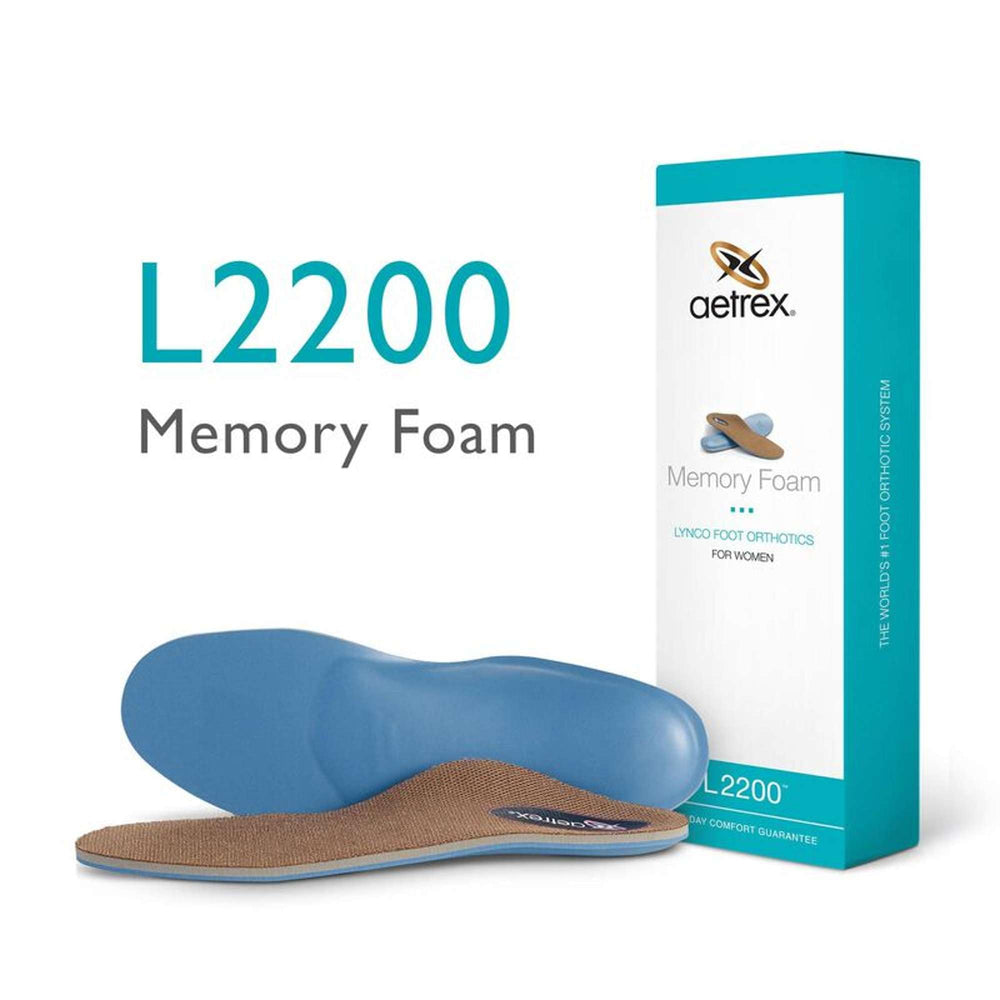 Aetrex L2200 arch-support insoles demonstrate biomechanical alignment.