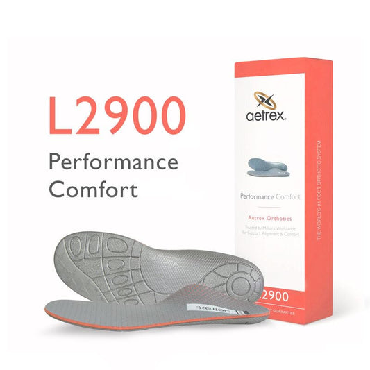 Aetrex arch-support inserts inside a shoe promote biomechanical alignment and support.