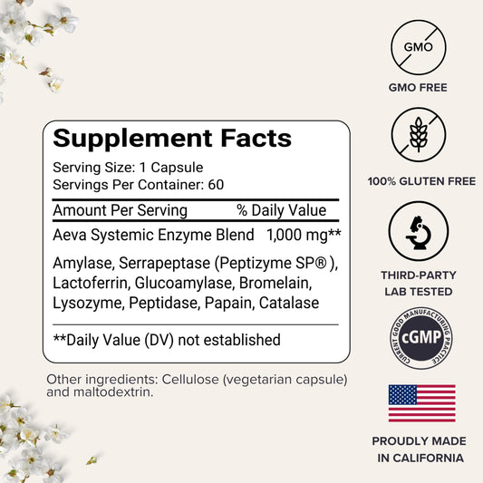 AEVA Immunity Support bottle side label highlights the enzyme blend for balanced immune response.