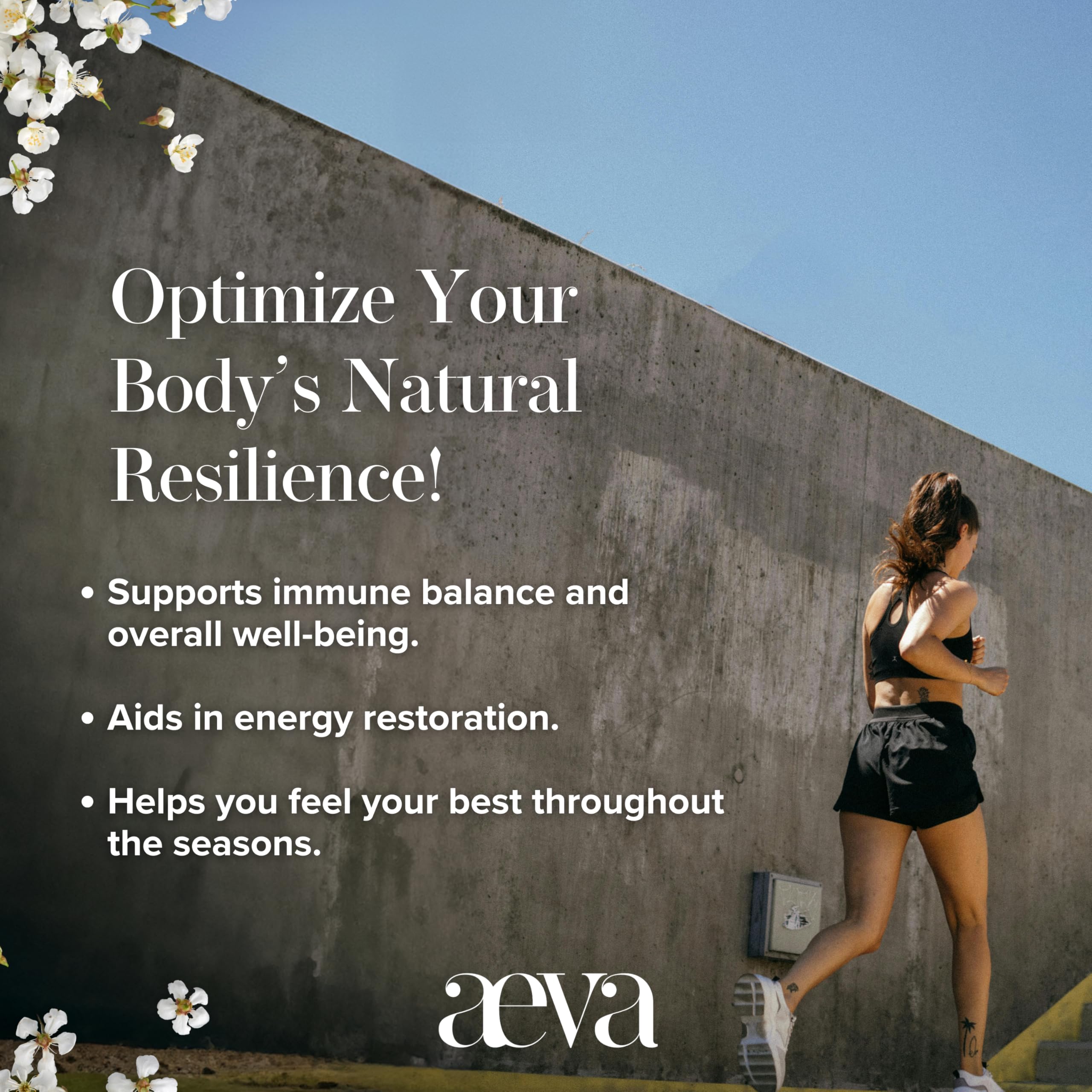 Close-up of AEVA Immunity Support capsules showing the enzyme mix for immune balance.