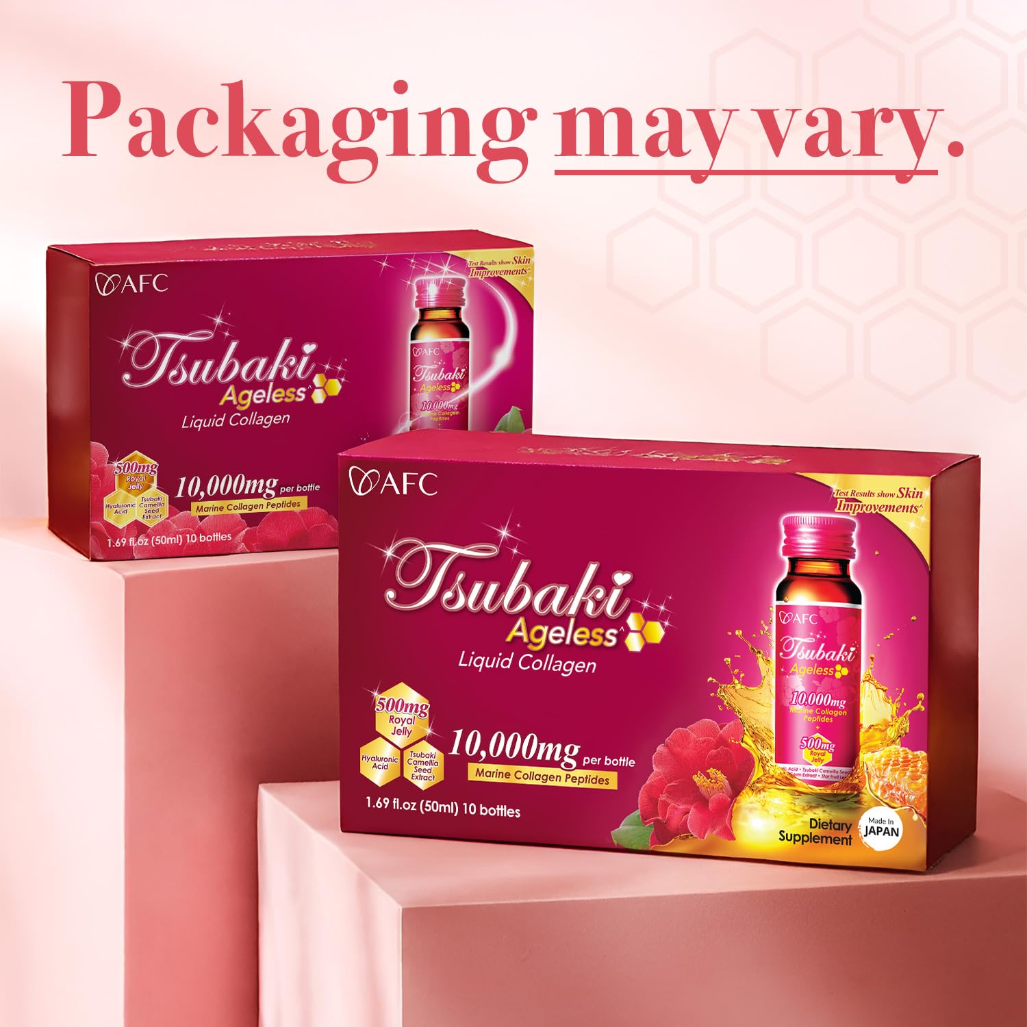 Box and bottles of AFC Japan Tsubaki Ageless for convenient daily regimen