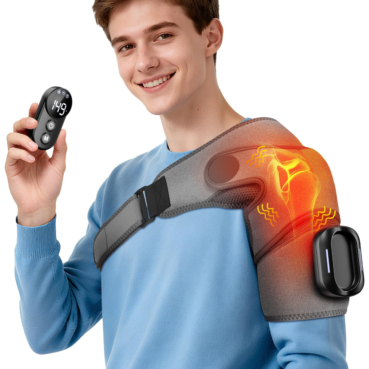 AFDEAL cordless shoulder heating pad with massage for portable relief during daily activities.