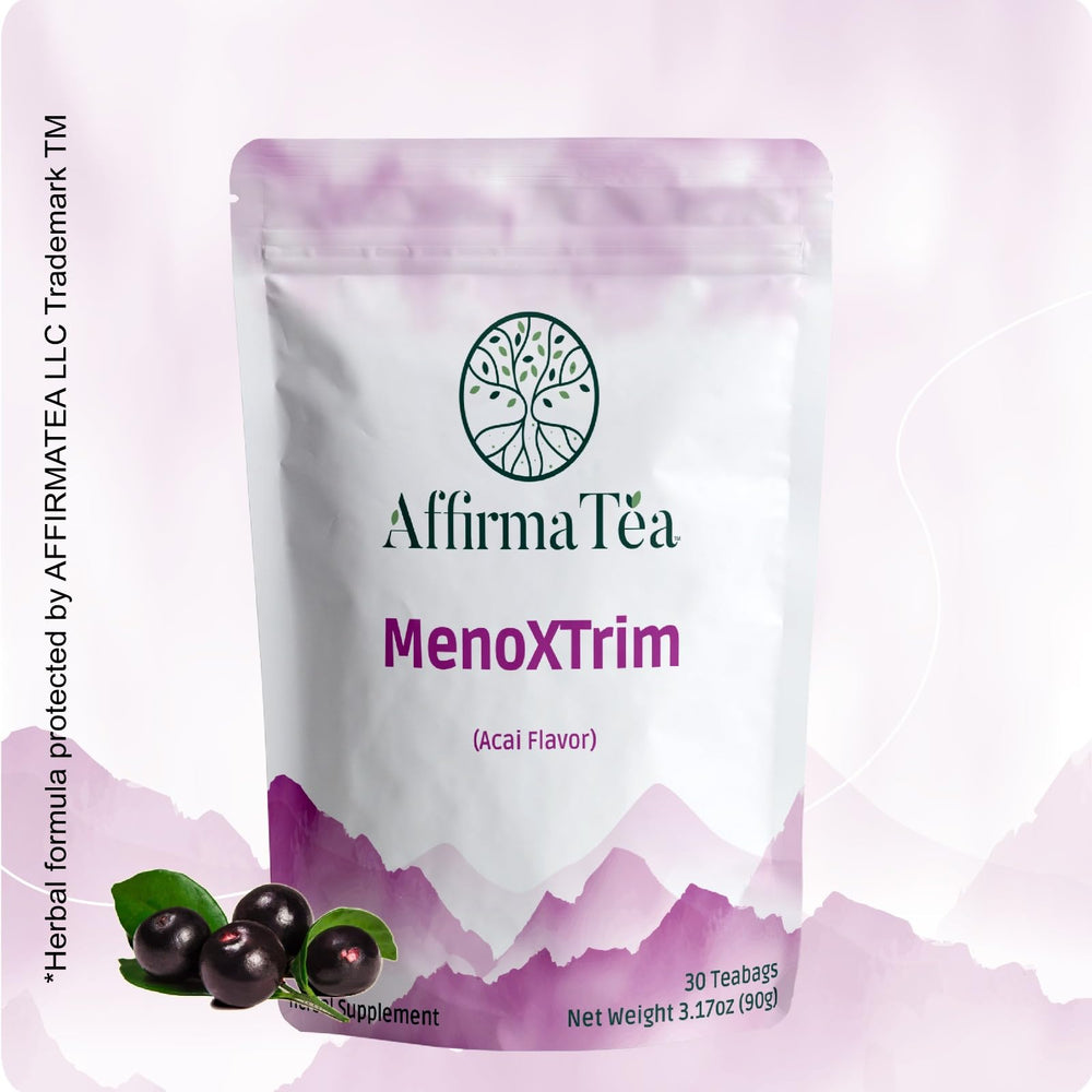 AffirmaTea MenoXTrim bottle packaging on shelf for easy daily brewing