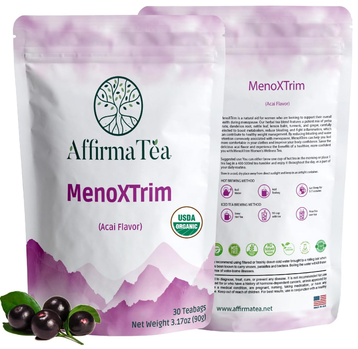 AffirmaTea MenoXTrim tea bag close-up highlighting organic blend for a balanced daily ritual
