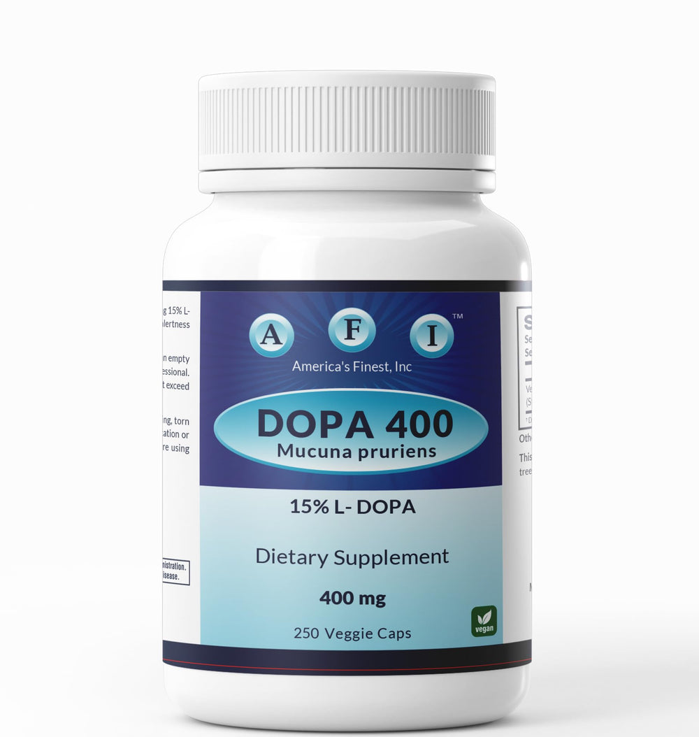 AFI Dopa 400 bottle close-up highlighting velvet bean extract for mood support