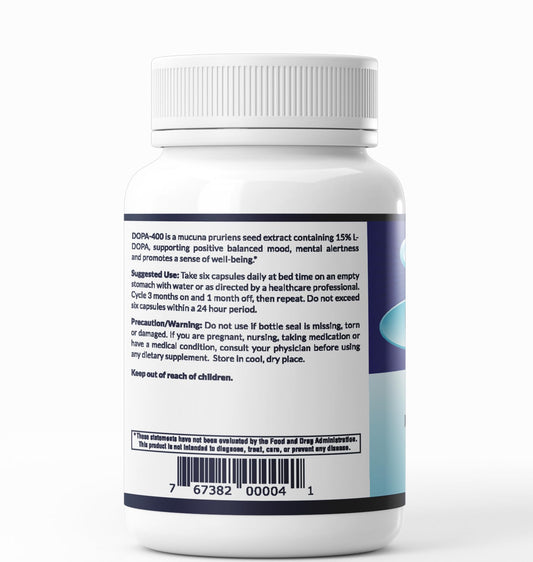 AFI Dopa 400 capsules inside the bottle for daily motivation and focus