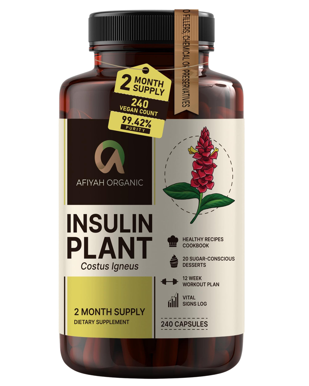 Afiyah Organic Costus Igneus capsules bottle shows convenient, easy-to-swallow capsules for daily use.