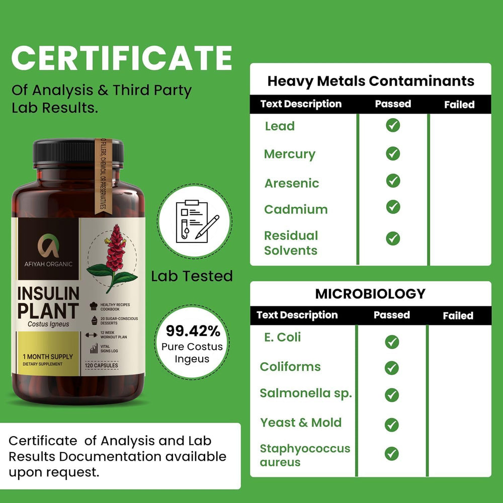 Afiyah Organic Costus Igneus capsules label shows USA-made quality
