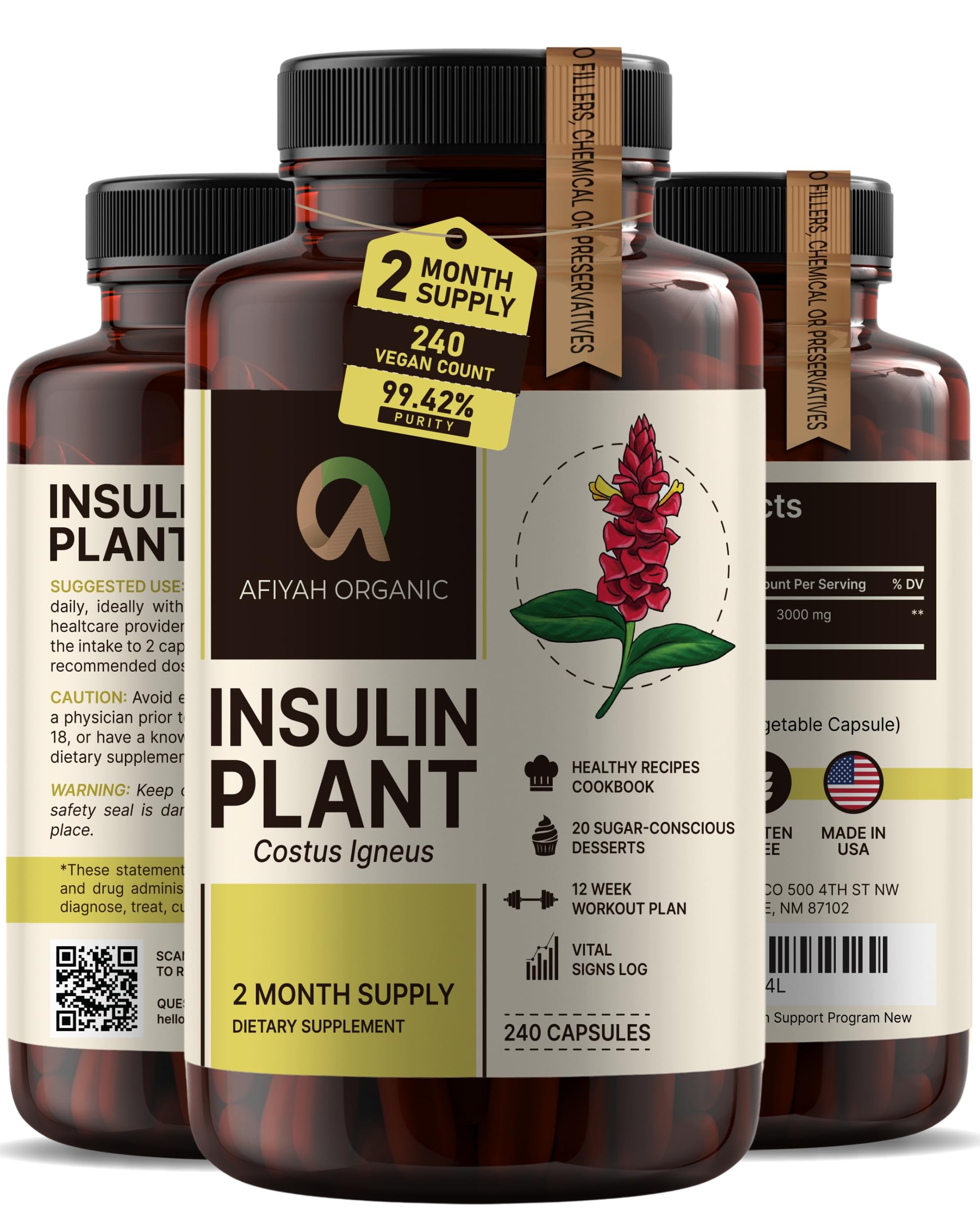 Afiyah Organic Costus Igneus plant-based formula showcases natural ingredients for everyday vitality.