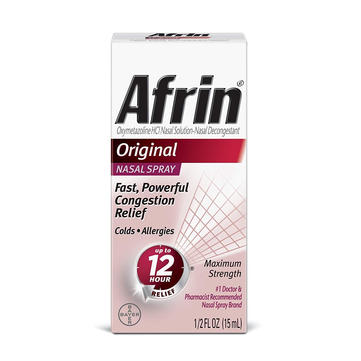 Afrin nasal spray bottle offering 12-hour congestion relief during cold and allergy season.