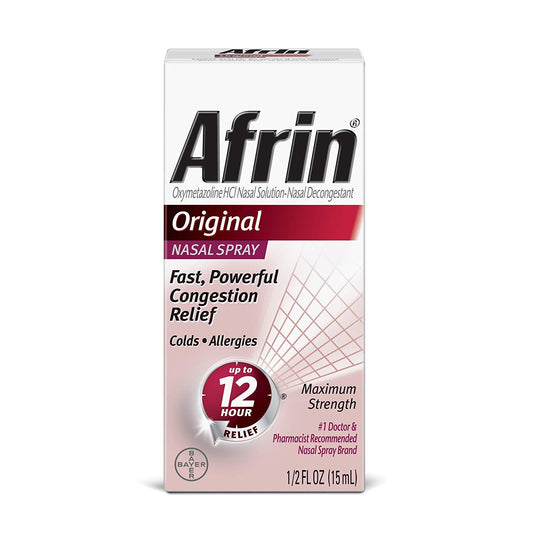 Afrin nasal spray bottle offering 12-hour congestion relief during cold and allergy season.