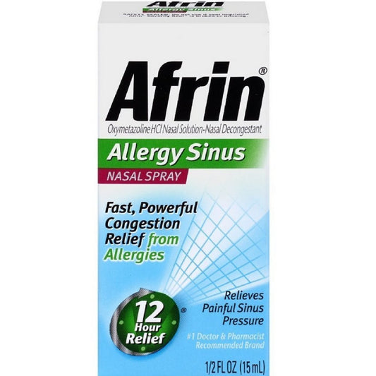 Afrin nasal spray bottle offering 12-hour relief from nasal congestion for colds or allergies.