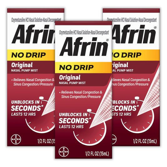 Afrin No Drip Original nasal mist bottle-pump for fast, mess-free relief.