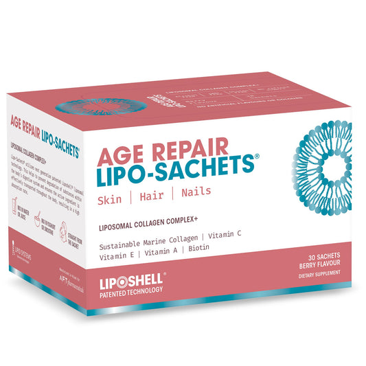 AFT Age Repair liposachets bottle closeup showing premium packaging and liposomal delivery benefits.