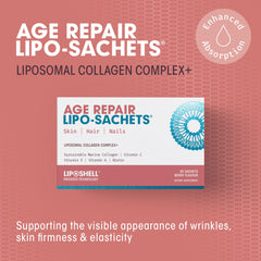AFT Age Repair liposachets packaging front showcases science-forward skin support.