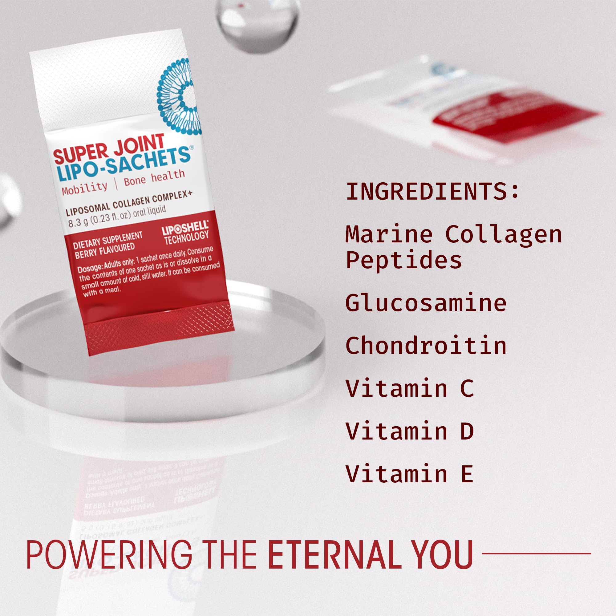 AFT Pharmaceuticals Super Joint sachets dissolving in water demonstrates rapid integration