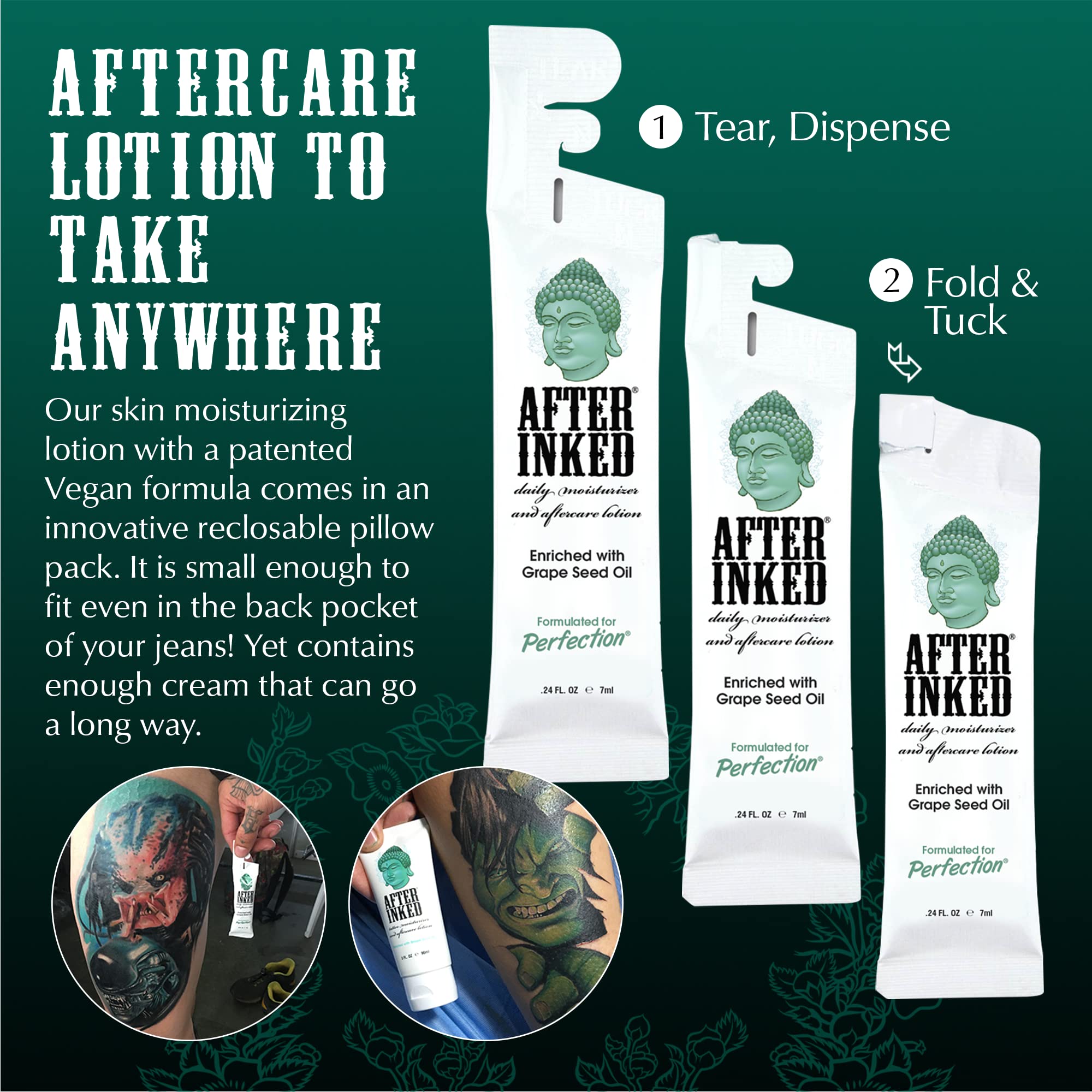 After Inked resealable pouch close-up emphasizes freshness for daily tattoo care