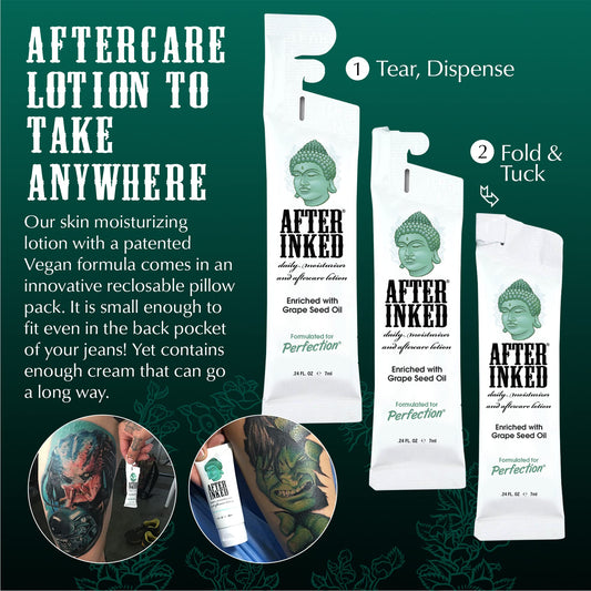After Inked resealable pouch close-up emphasizes freshness for daily tattoo care