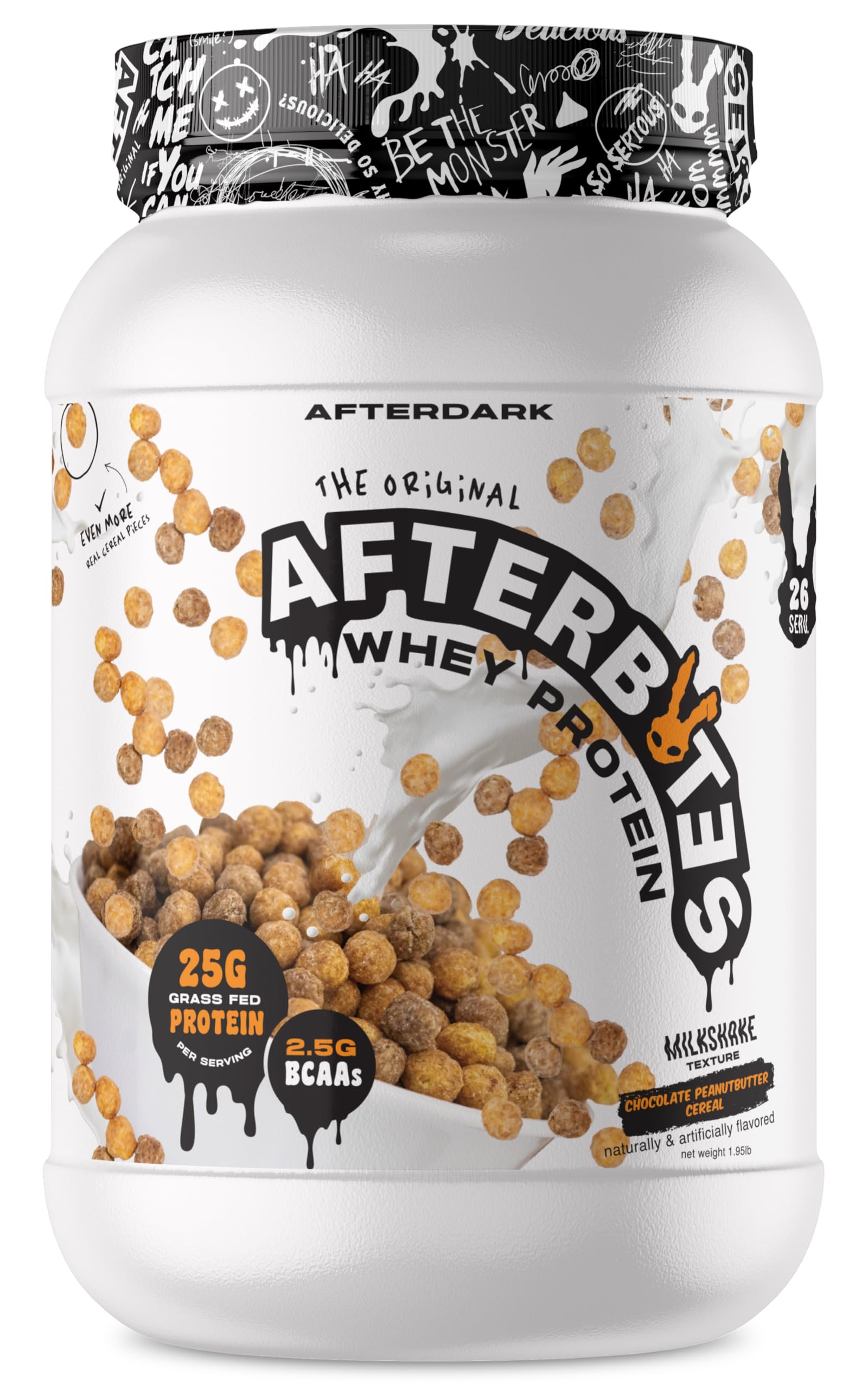 AfterDARK AfterBites tub in chocolate peanut butter cereal flavor showing high-protein formula