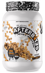 AfterDARK AfterBites tub in chocolate peanut butter cereal flavor showing high-protein formula