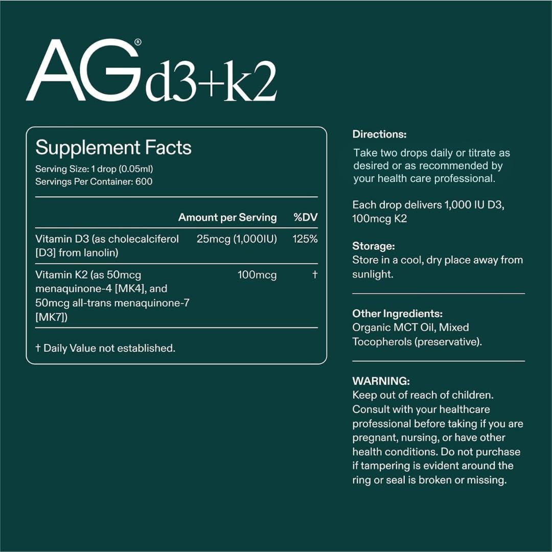 AG1 Vitamin D3 K2 drops glass bottle with easy pour.