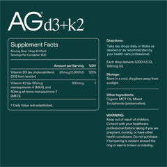 AG1 Vitamin D3 K2 drops glass bottle with easy pour.