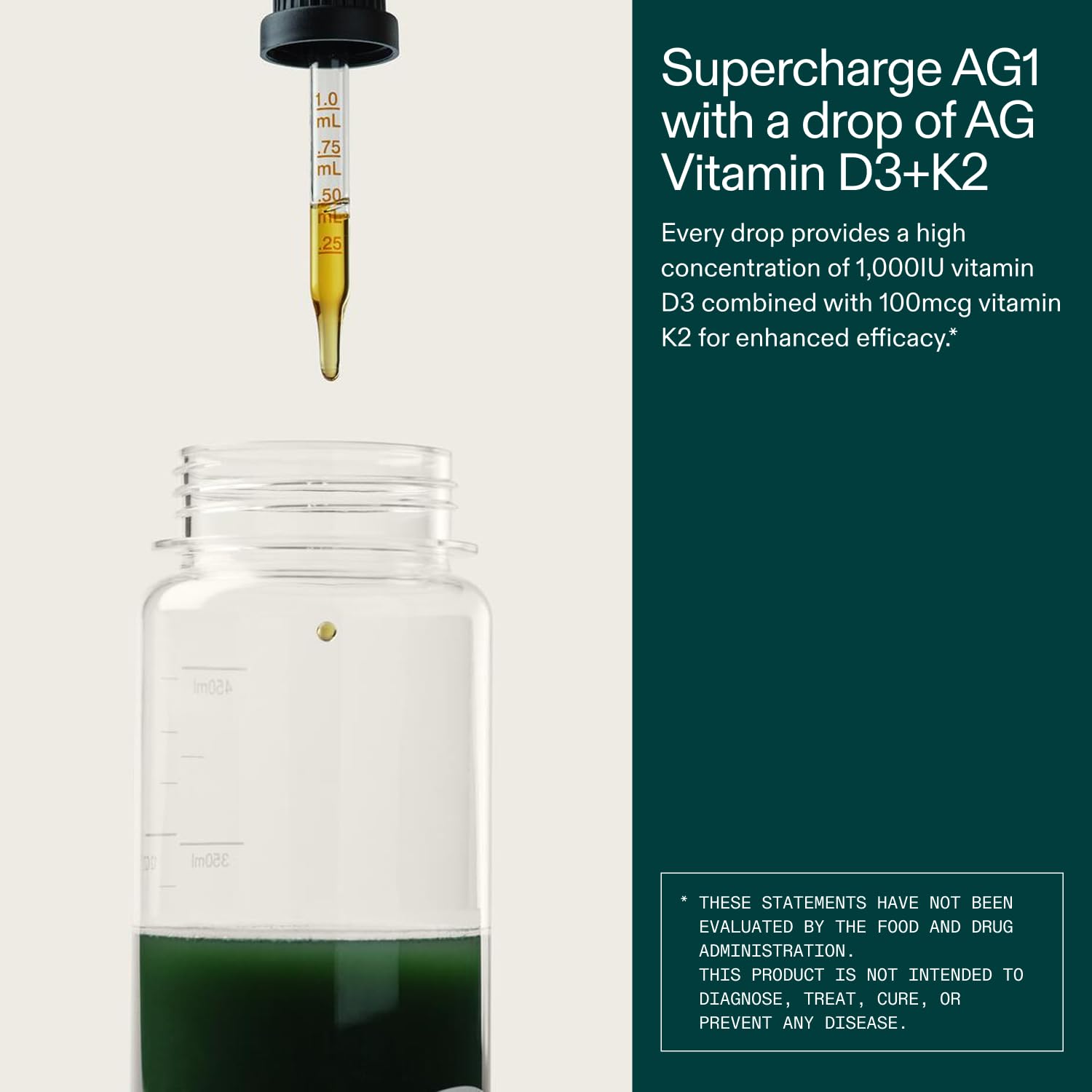 AG1 D3 K2 drops pour-action shot for quick use.