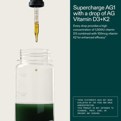 AG1 D3 K2 drops pour-action shot for quick use.