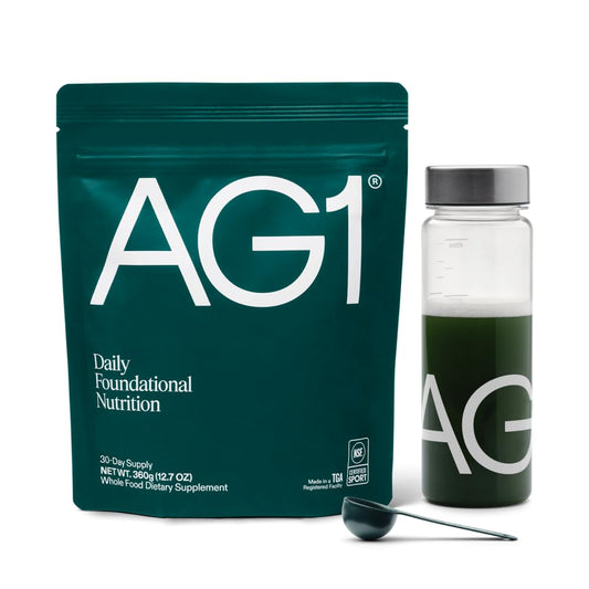 AG1 daily scoop multivitamin bottle reveals a nutritious blend for everyday wellness.