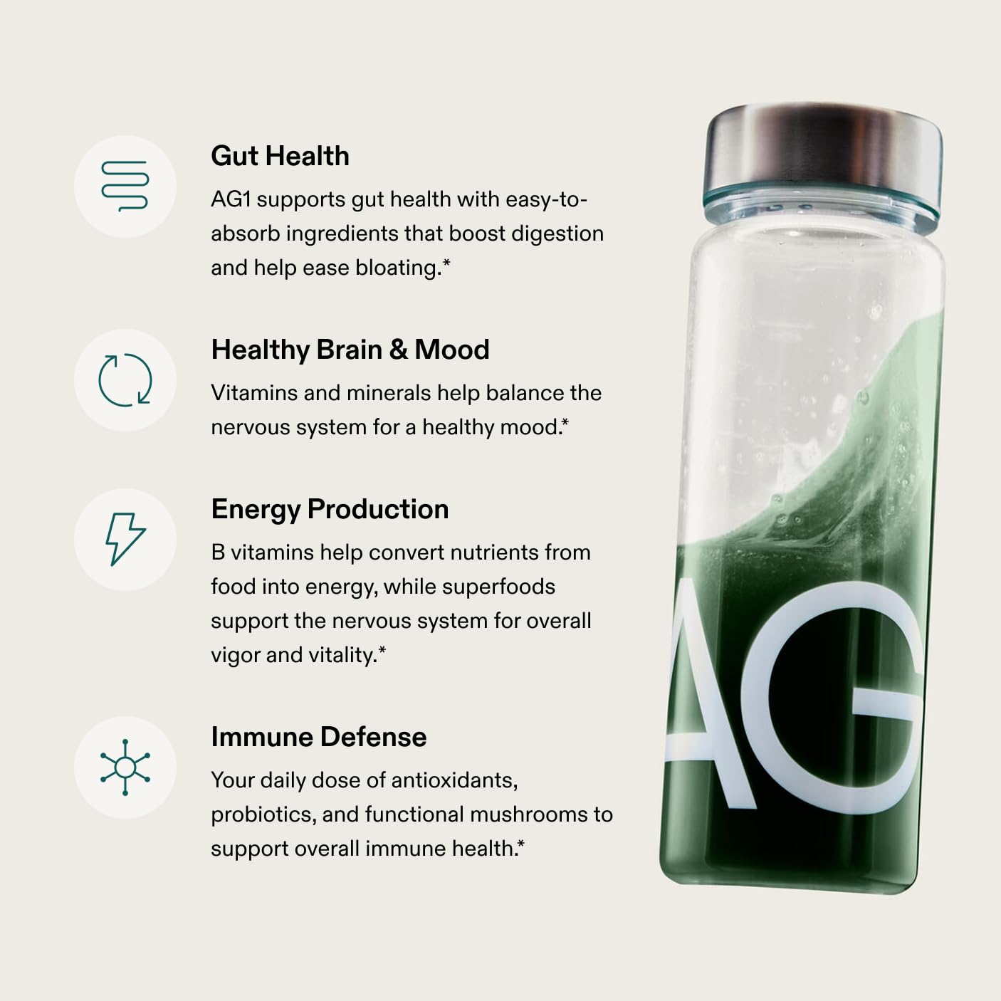 Ingredients label on AG1 greens powder highlights vitamins and minerals.