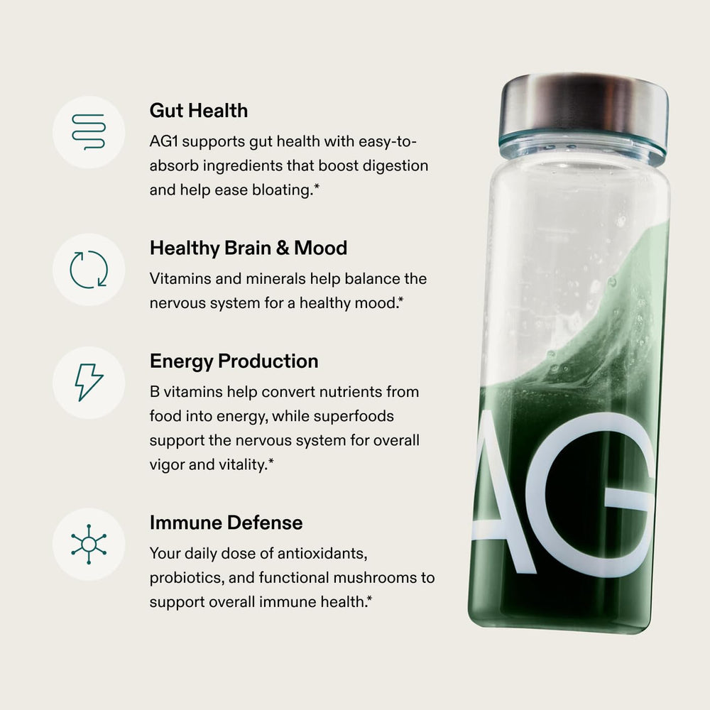 Ingredients label on AG1 greens powder highlights vitamins and minerals.