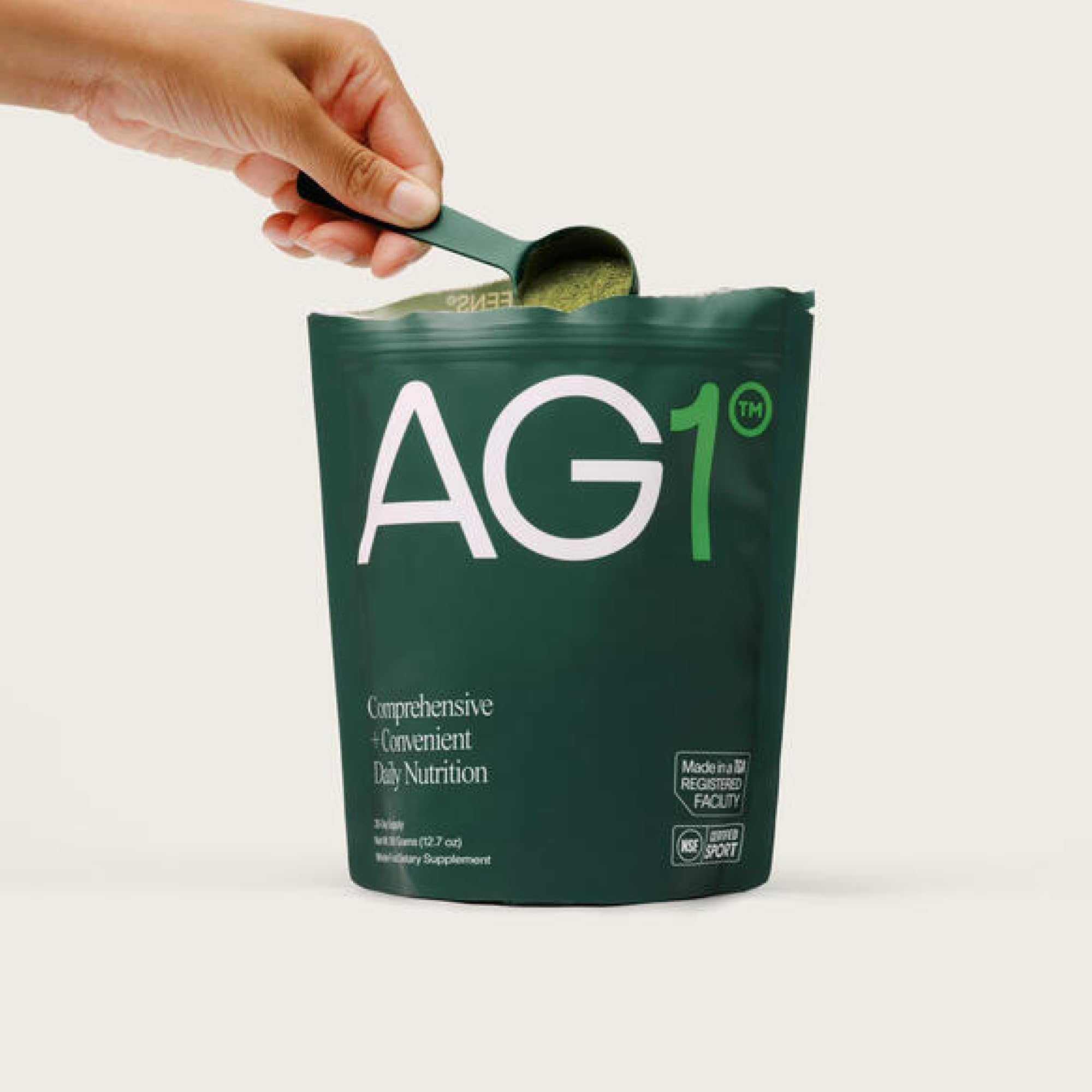 AG1 greens powder refill pouch compact packaging saves space in bags and cabinets.