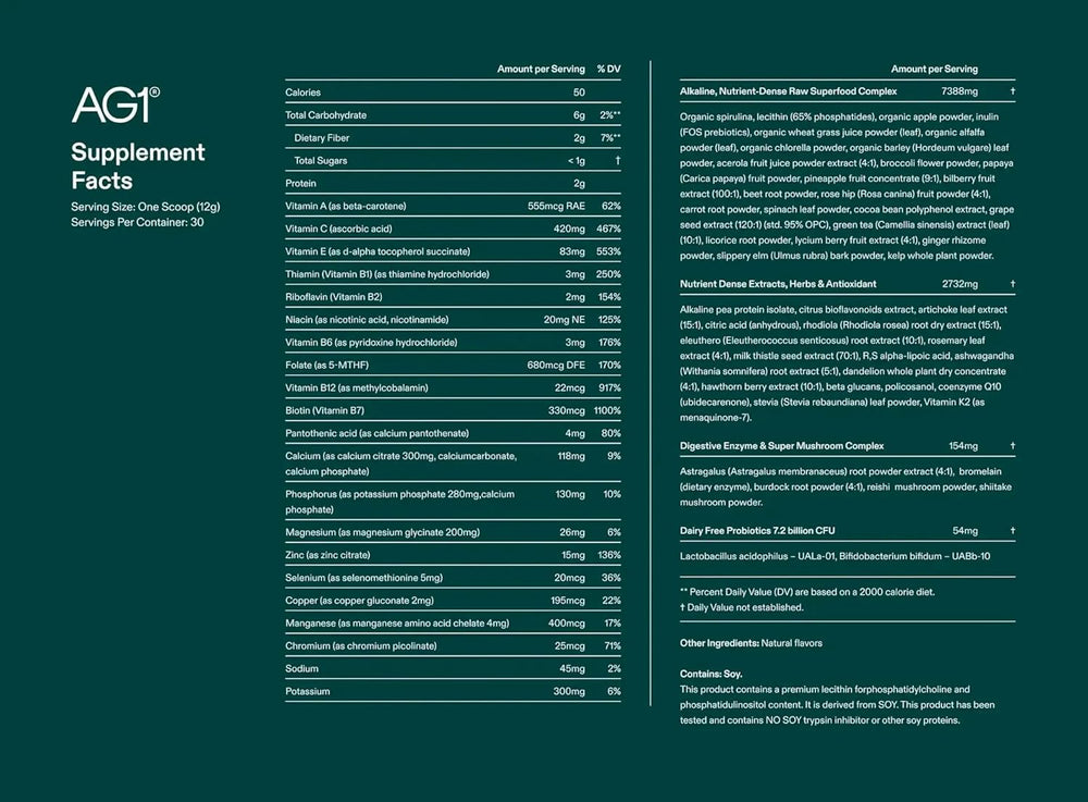 AG1 greens powder refill pouch label closeup highlights quality ingredients and NSF testing.