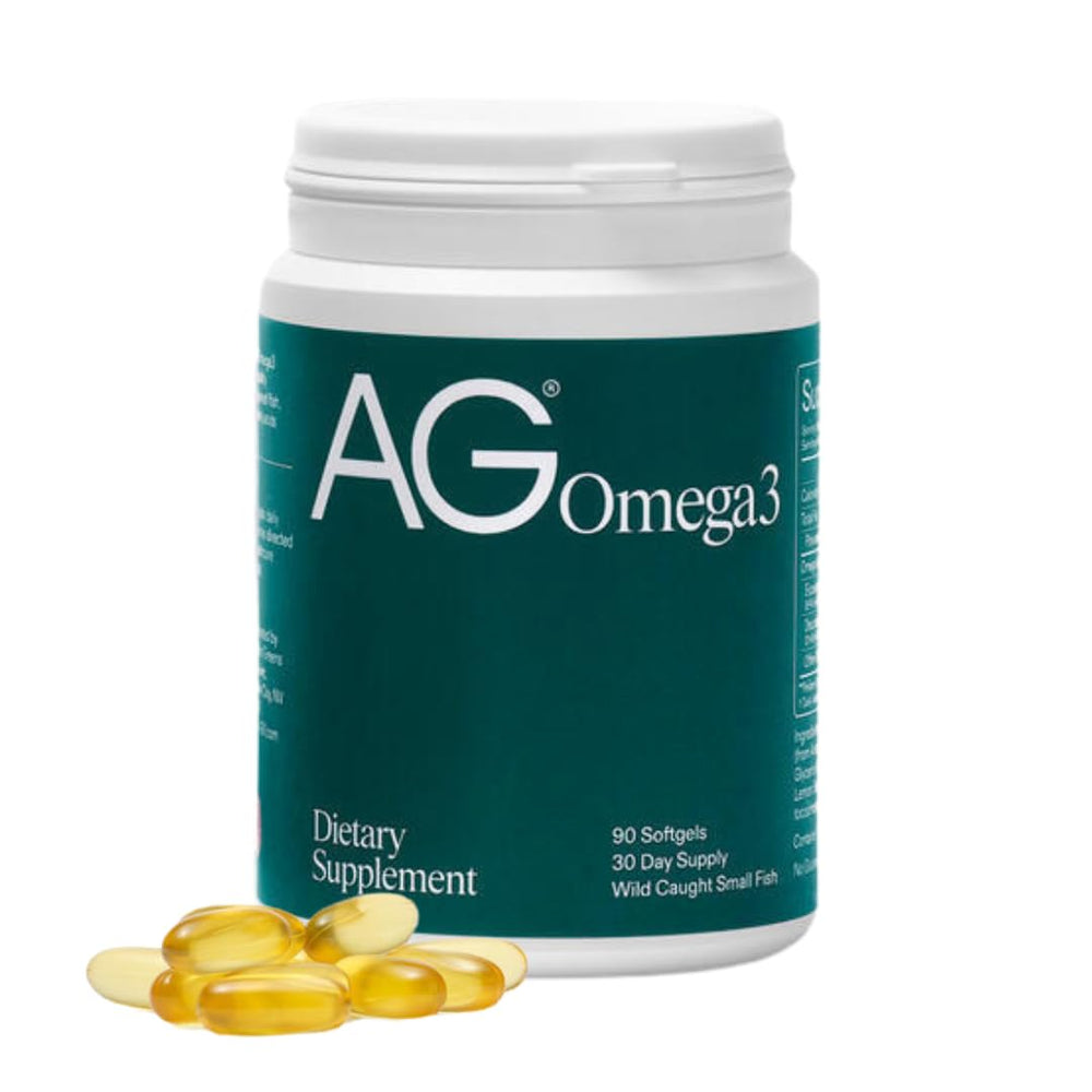 AG1 Omega-3 Fish Oil Softgels bottle highlighting daily heart and brain support.