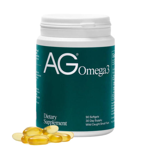 AG1 Omega-3 Fish Oil Softgels bottle highlighting daily heart and brain support.
