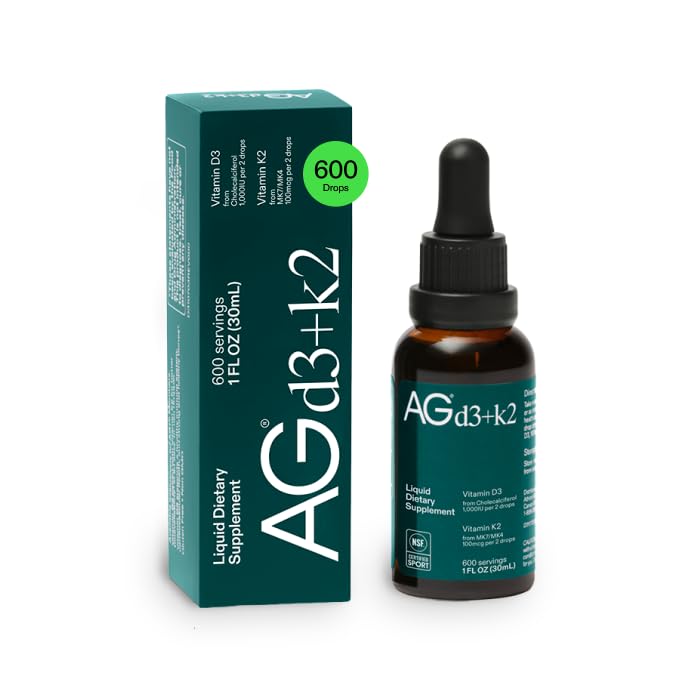 AG1 Vitamin D3 K2 Drops bottle highlights bone-supporting formula.