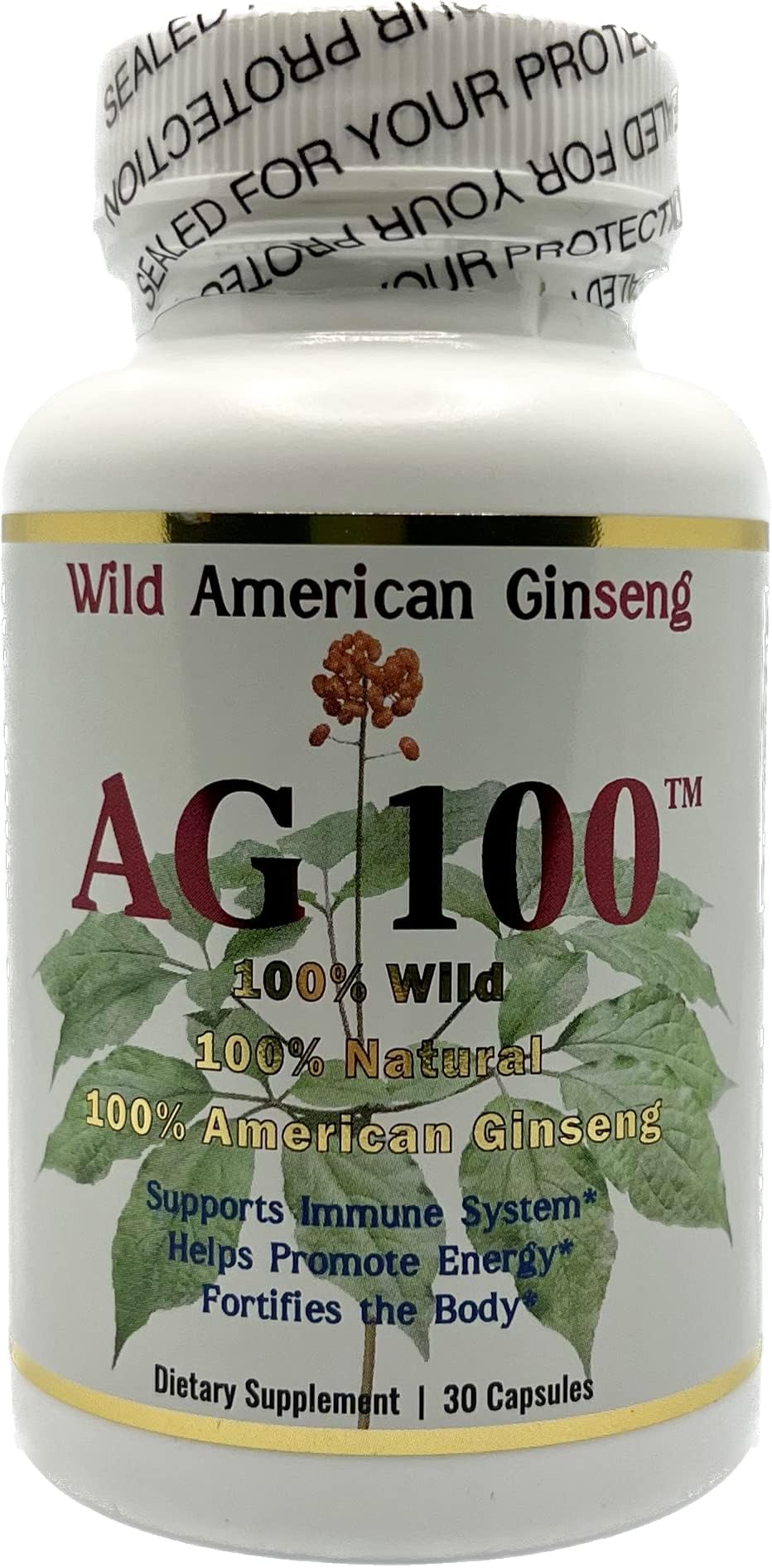 AG 100 capsules packaging label highlights 100% wild American ginseng for daily use