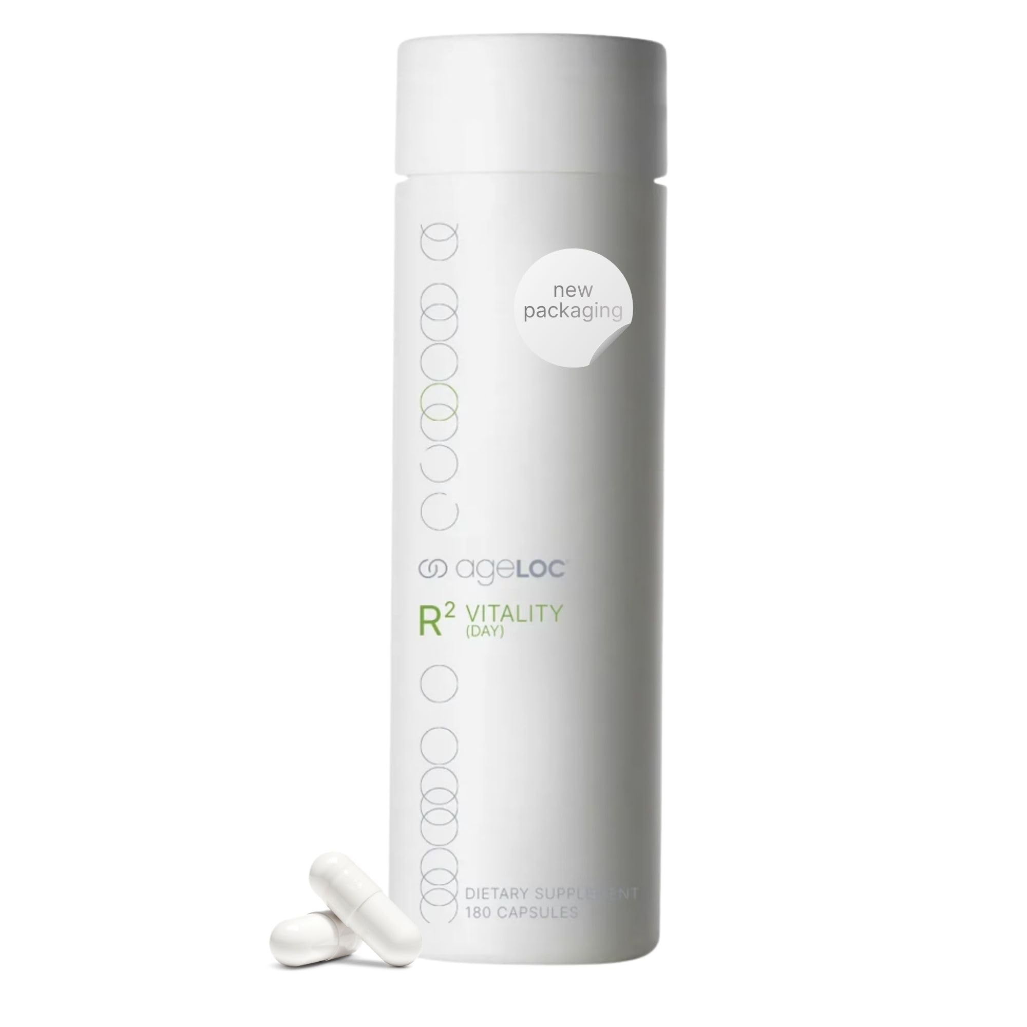 ageLOC Nu Skin R² Day bottle front with vitality capsules for mornings.