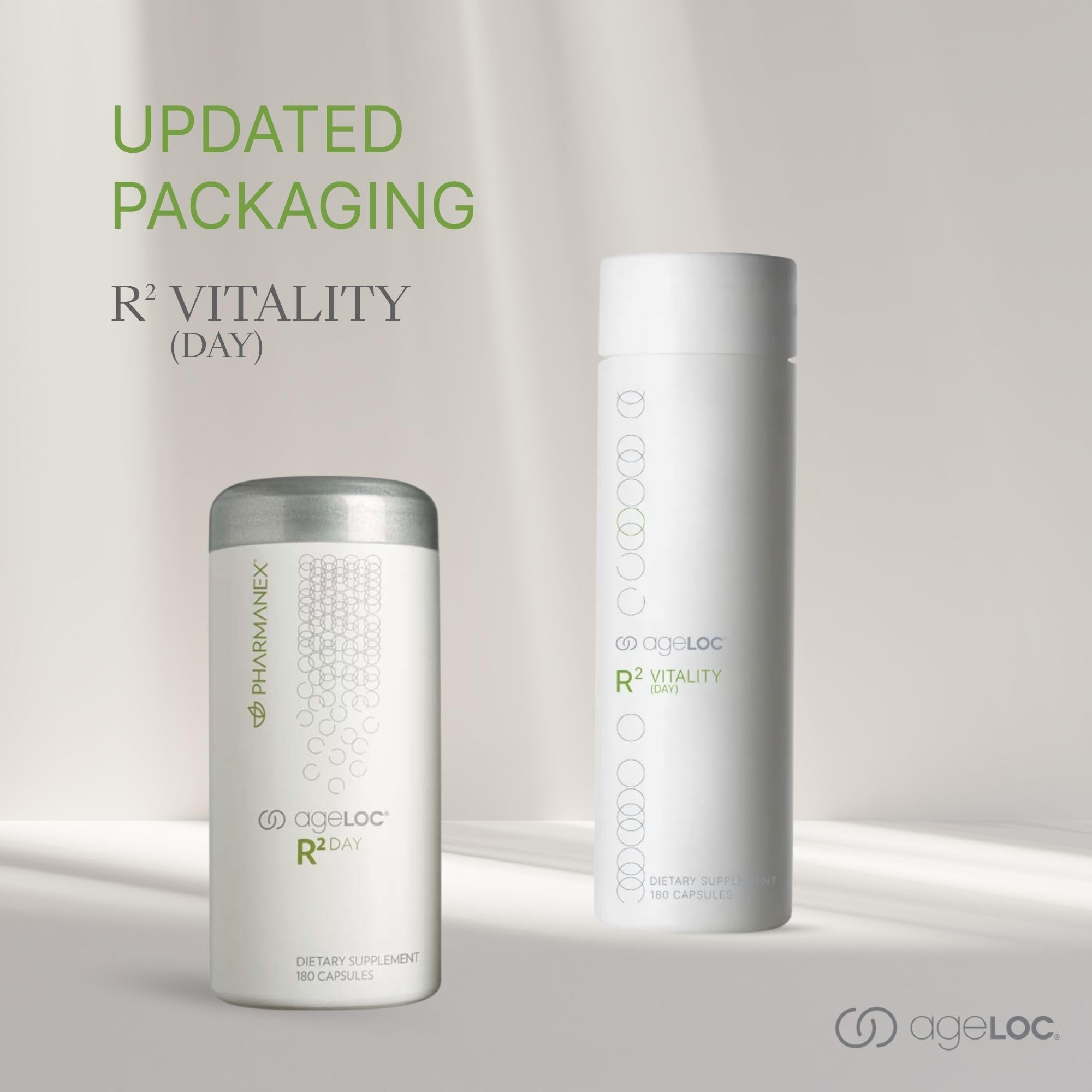 ageLOC Nu Skin R² Day bottle label highlighting cellular vitality science.