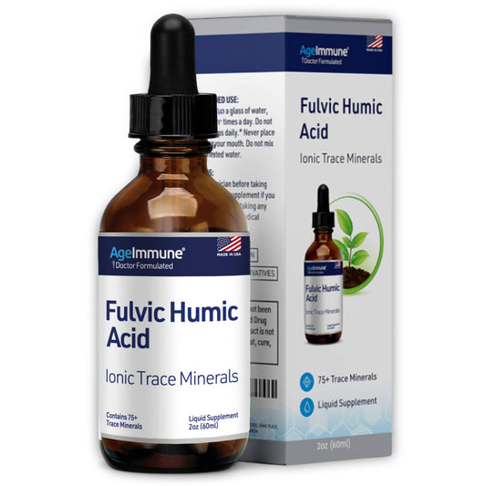 AgeImmune Fulvic Humic bottle close-up showing plant-derived minerals for daily hydration.