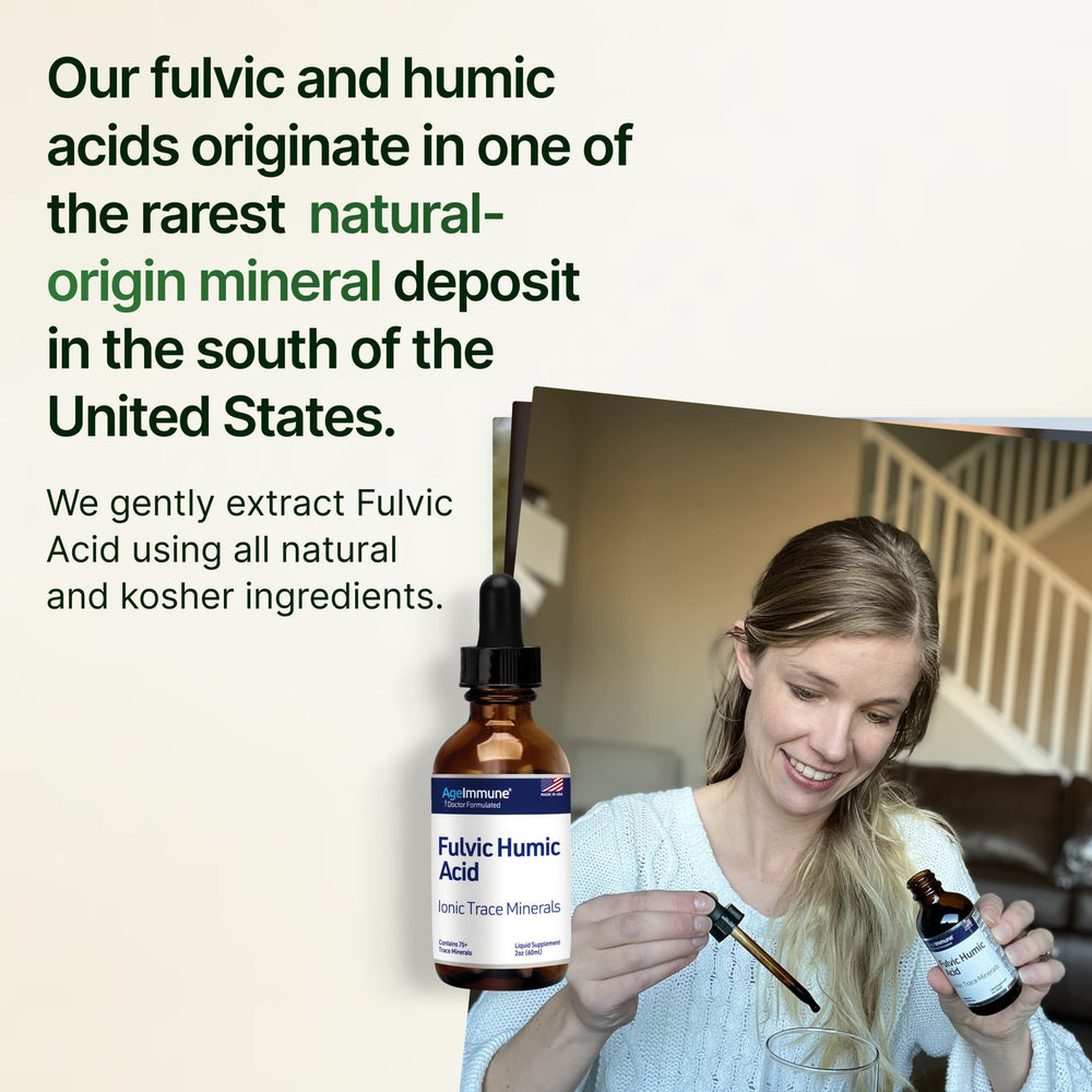 AgeImmune Fulvic Humic drops close-up demonstrating precise dosing.