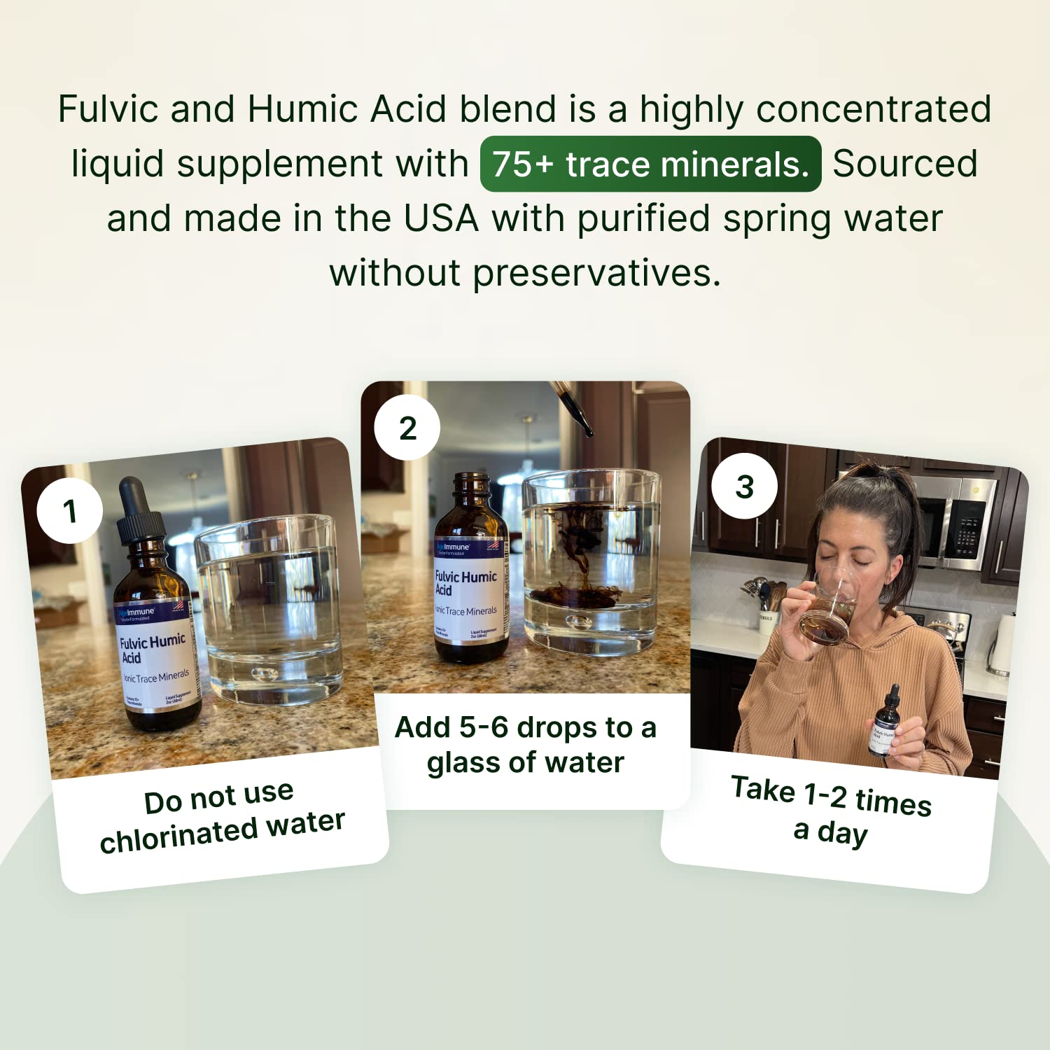 AgeImmune Fulvic Humic packaging label shows 75+ minerals for mineral balance.