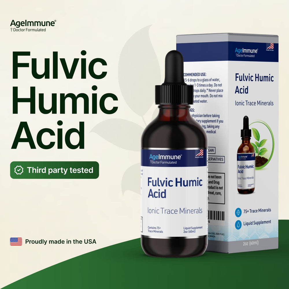 AgeImmune Fulvic Humic liquid in water, tasteless and fully dissolvable.