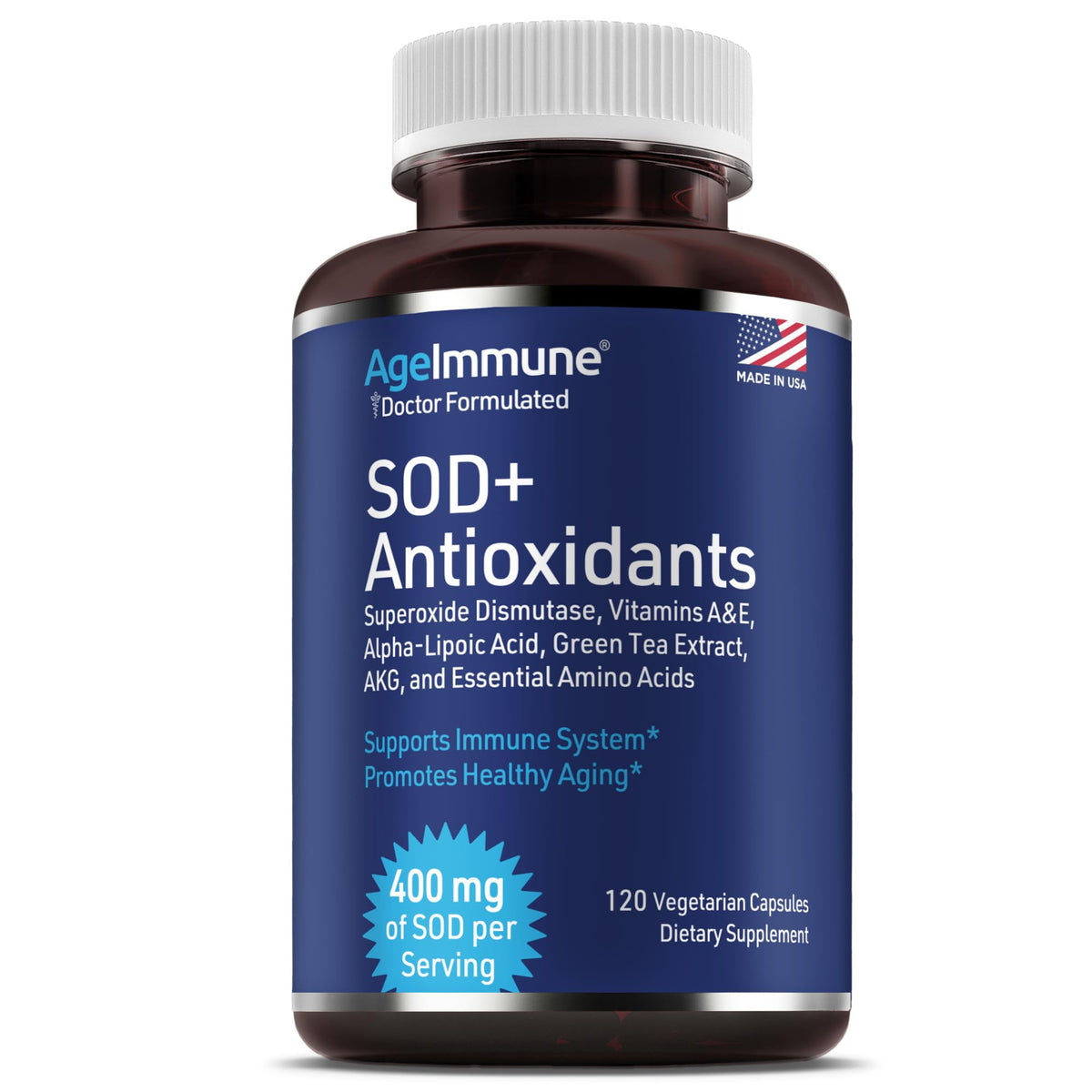 AgeImmune SOD Antioxidants Complex bottle front showing 120 capsules for daily immune support.